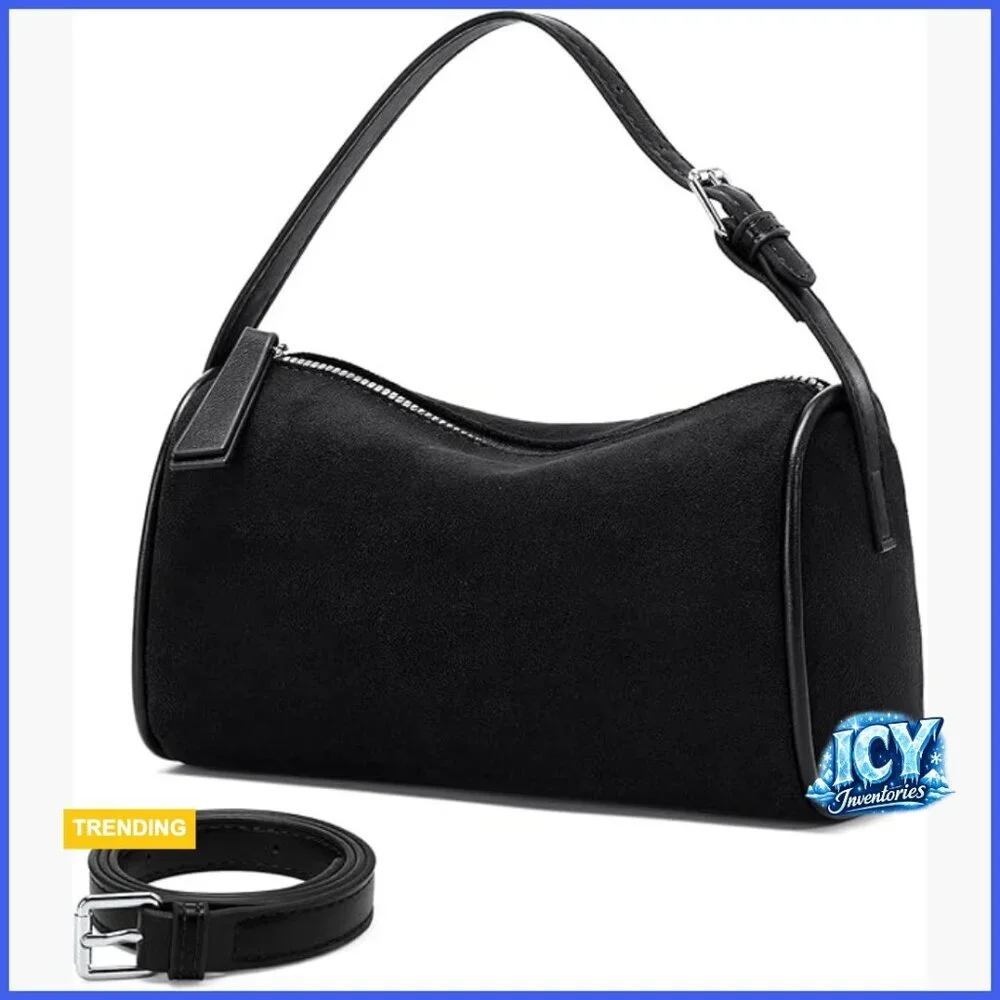 Faux Suede Hobo Bag with Adjustable Strap, Small Barrel Crossbody Purse